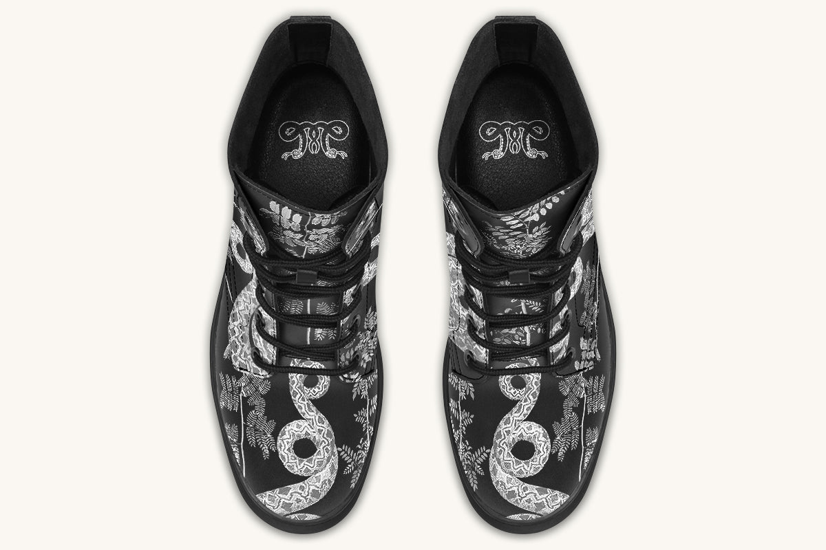 Serpent in Bloom Black And White Boots - Jaded Lament