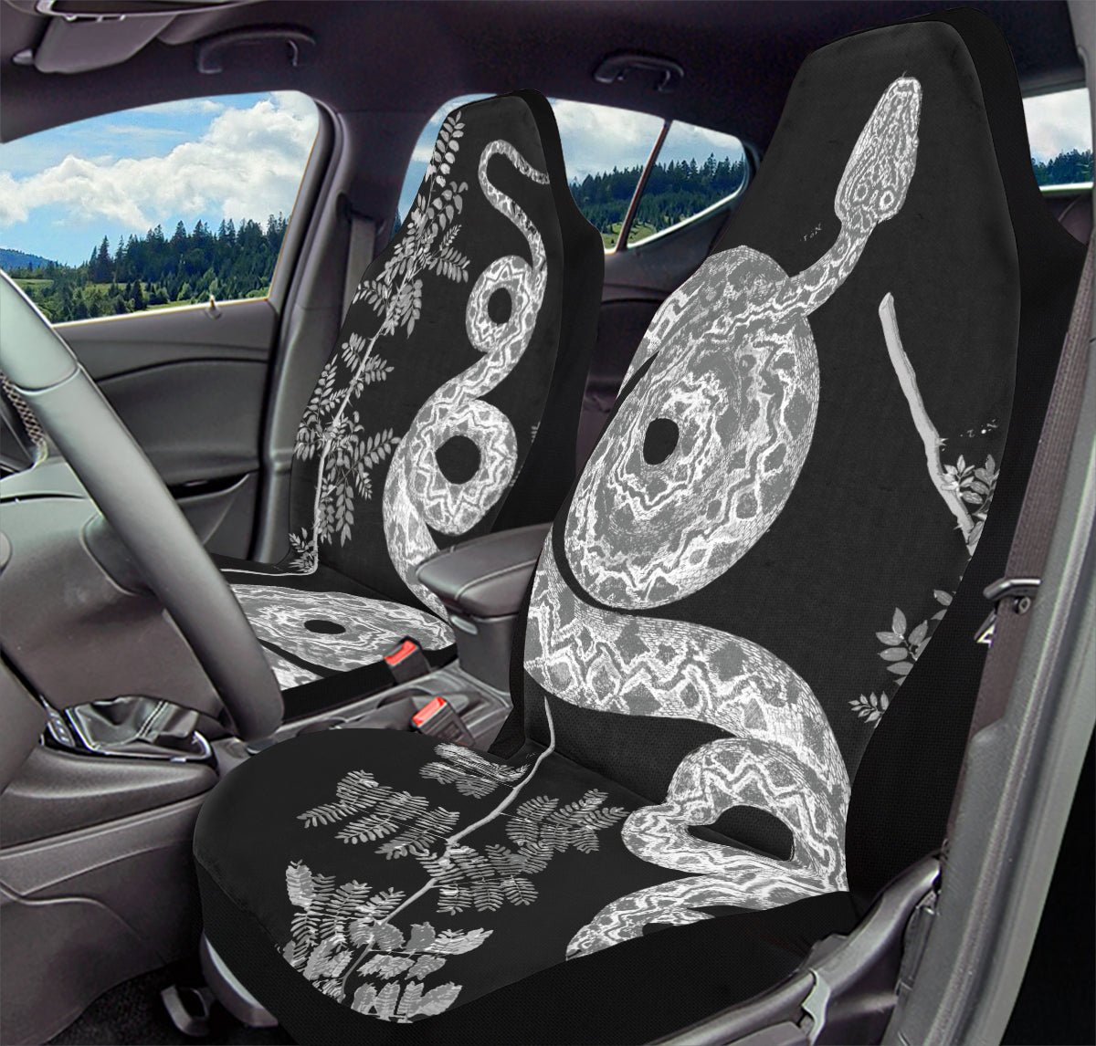 Serpent in Bloom Black And White Car Seat Cover - Jaded Lament