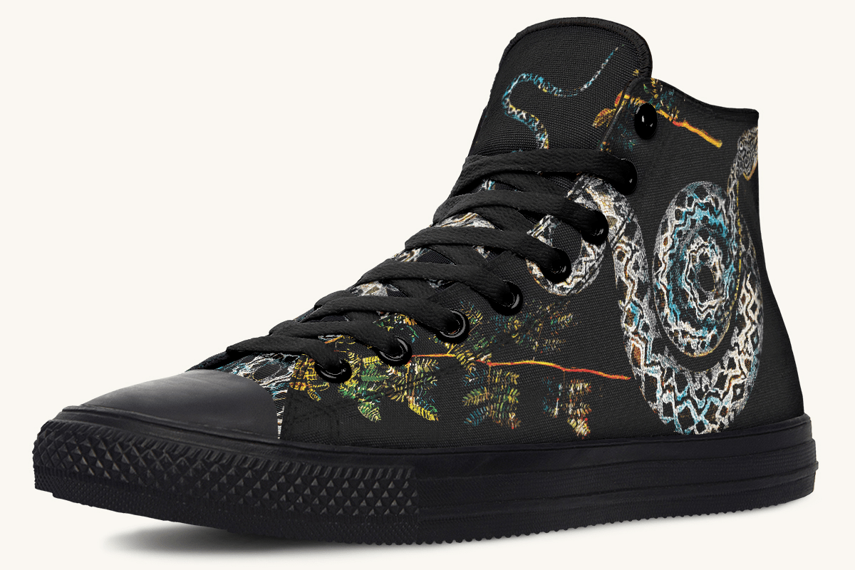 Serpent in Bloom Multicolor Snake on Black Hightops - Jaded Lament