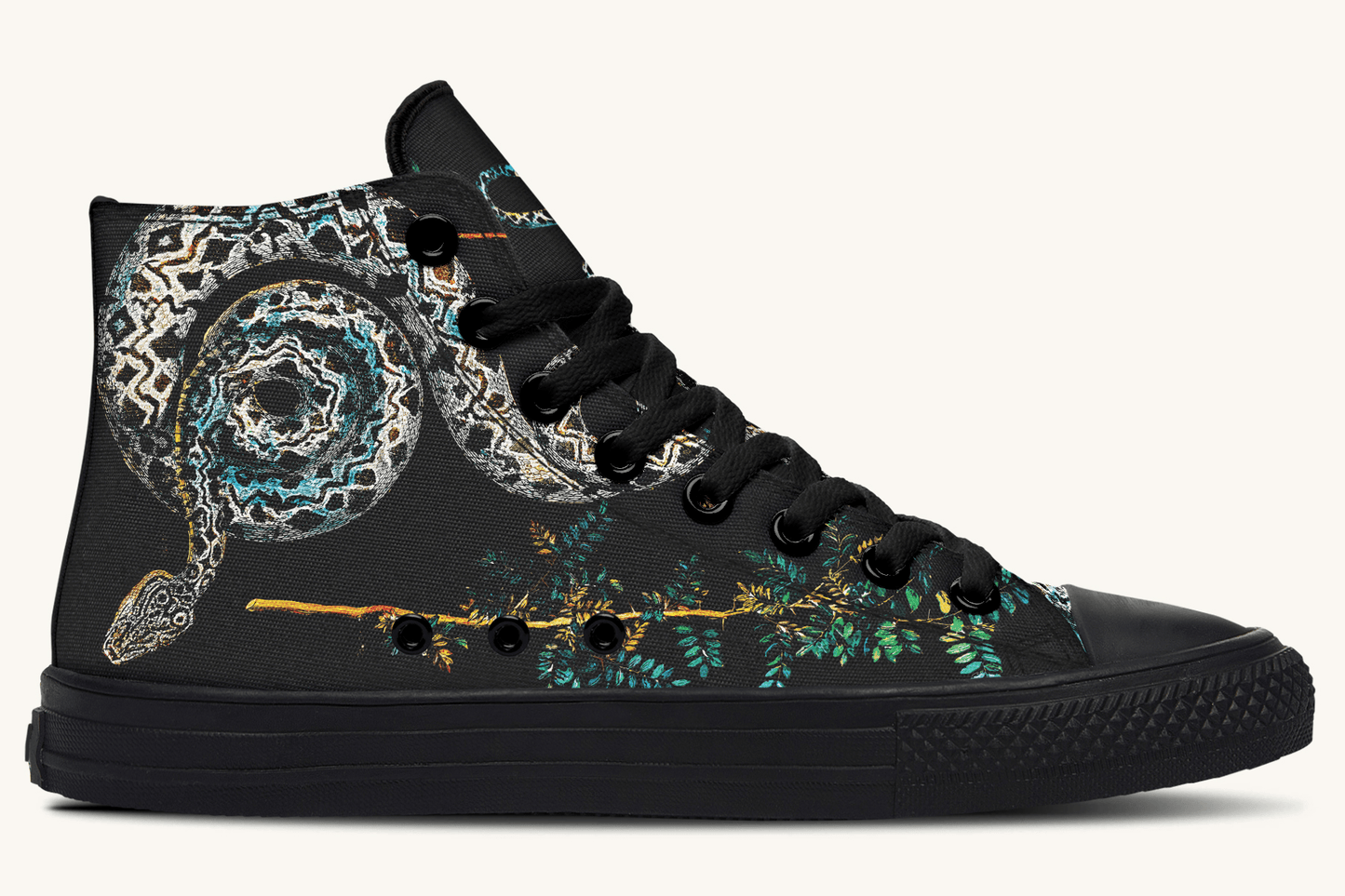 Serpent in Bloom Multicolor Snake on Black Hightops - Jaded Lament