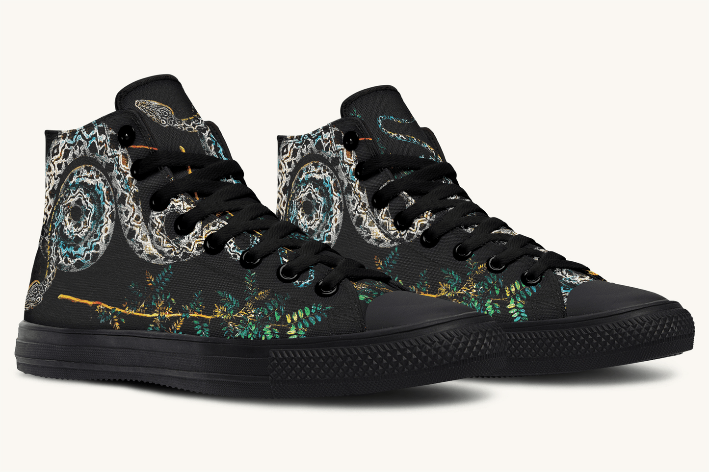 Serpent in Bloom Multicolor Snake on Black Hightops - Jaded Lament