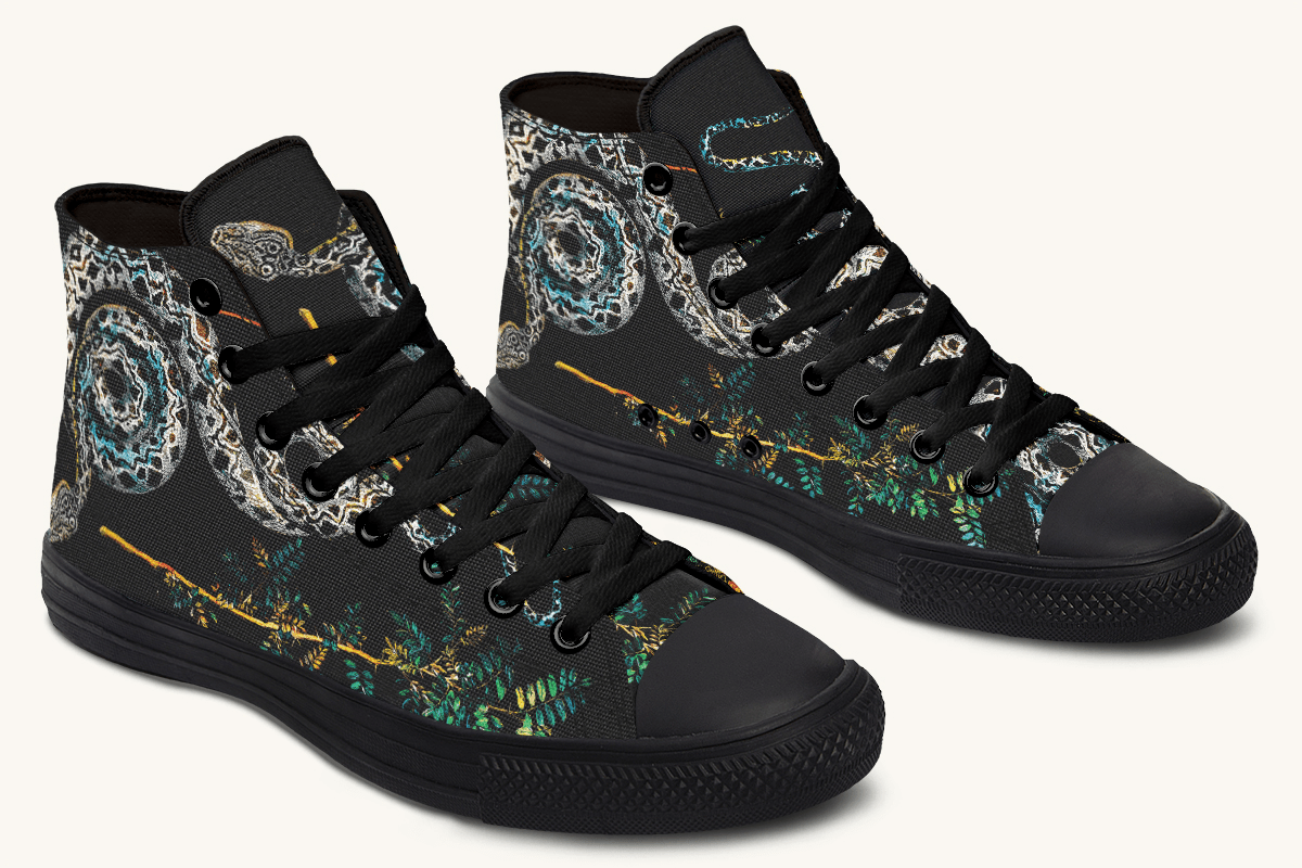 Serpent in Bloom Multicolor Snake on Black Hightops - Jaded Lament