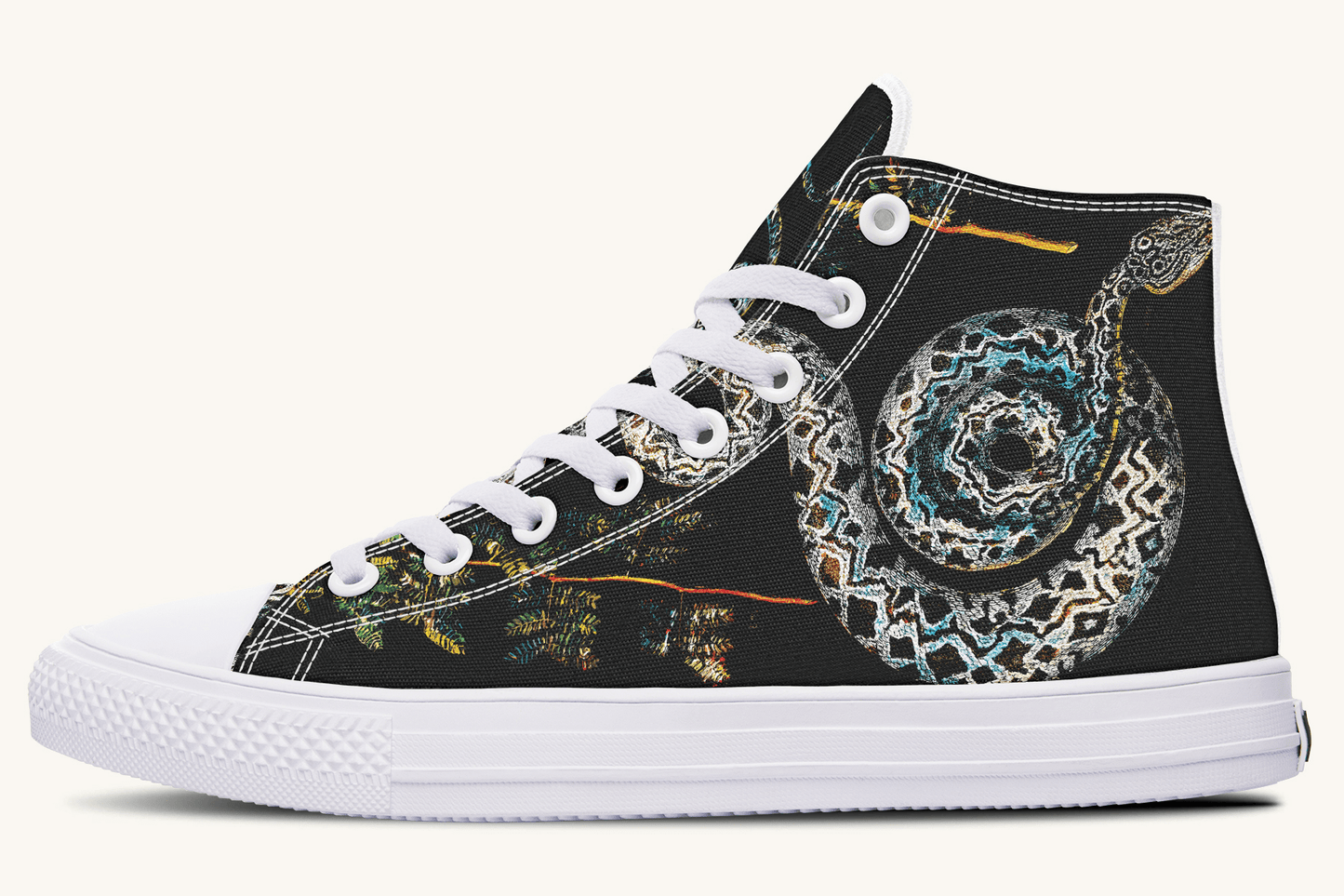 Serpent in Bloom Multicolor Snake on Black Hightops - Jaded Lament