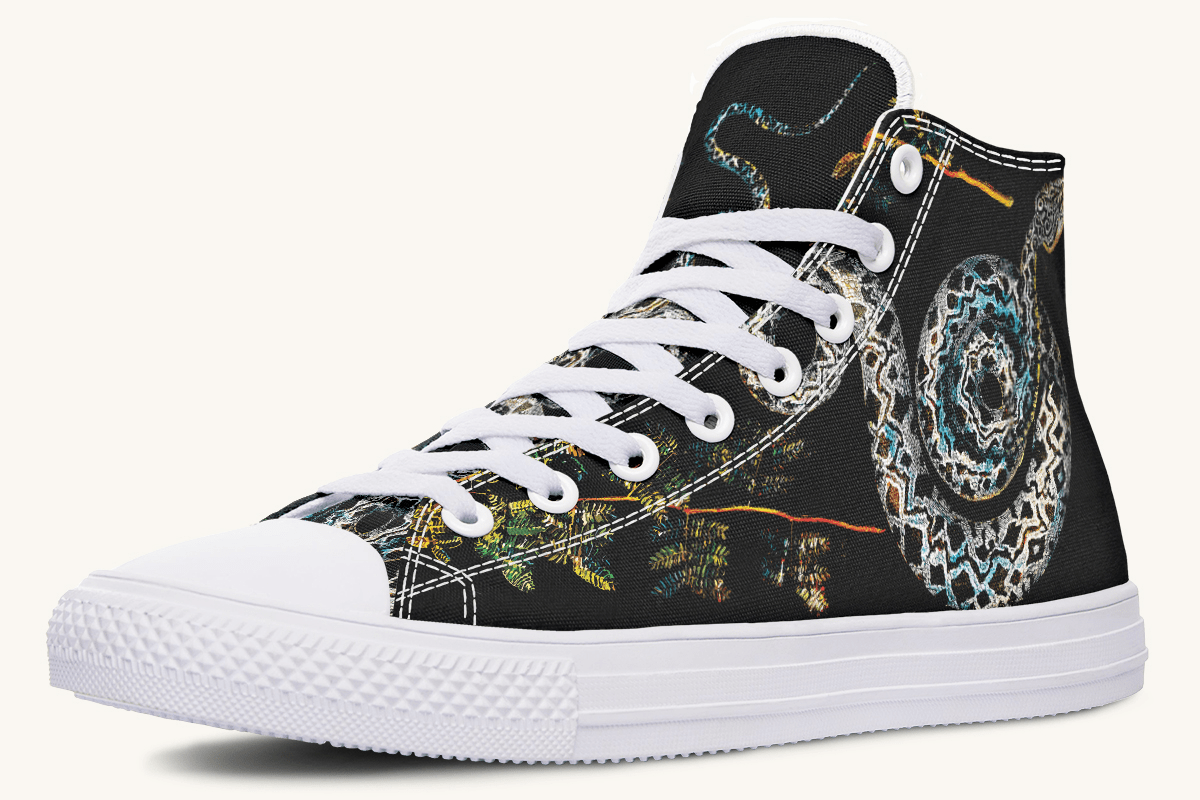 Serpent in Bloom Multicolor Snake on Black Hightops - Jaded Lament