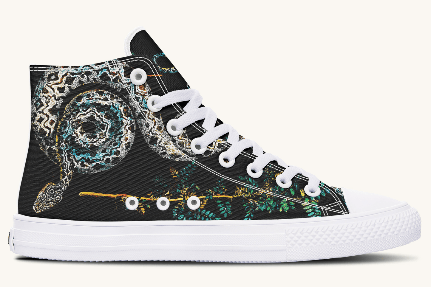 Serpent in Bloom Multicolor Snake on Black Hightops - Jaded Lament