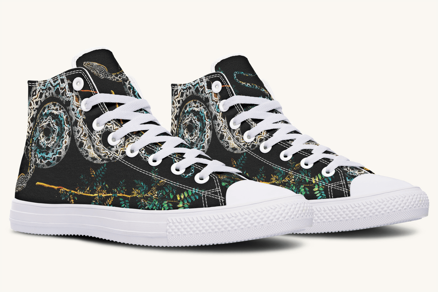 Serpent in Bloom Multicolor Snake on Black Hightops - Jaded Lament