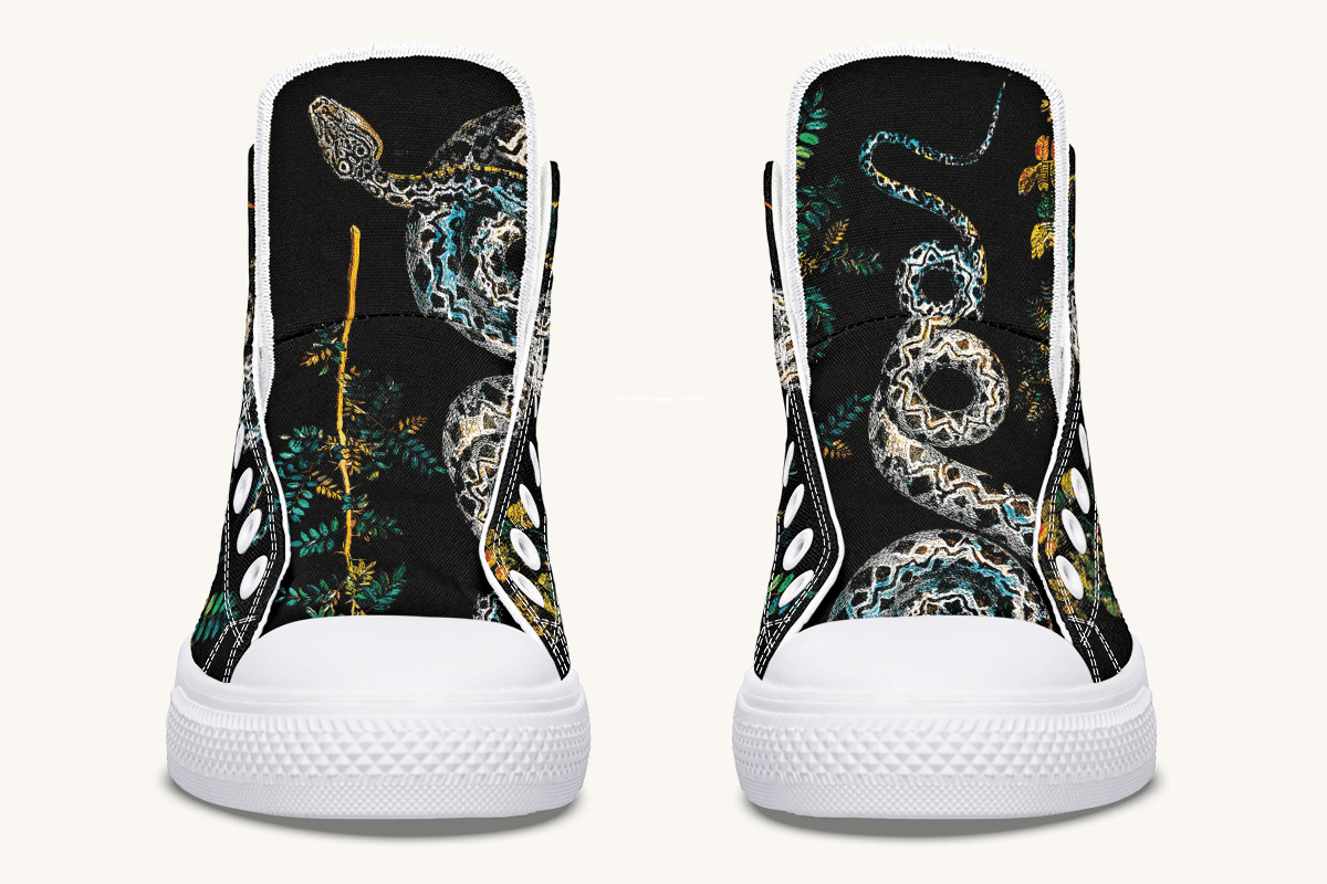 Serpent in Bloom Multicolor Snake on Black Hightops - Jaded Lament