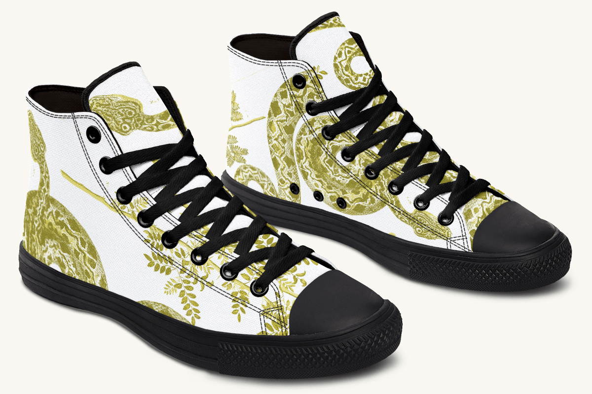 Serpent in Bloom Gold on White Hightops - Jaded Lament