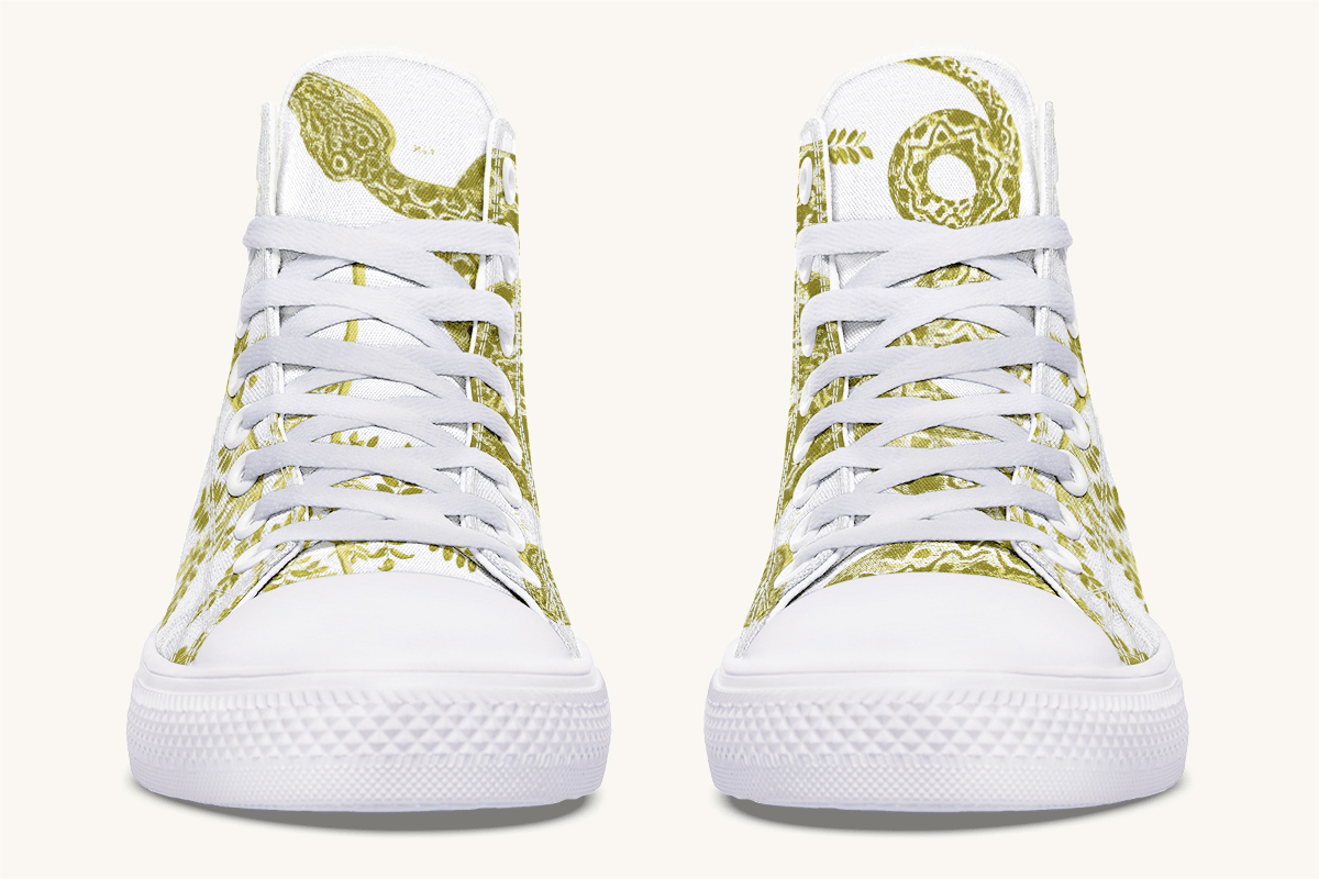 Serpent in Bloom Gold on White Hightops - Jaded Lament