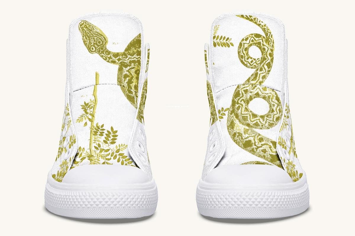 Serpent in Bloom Gold on White Hightops - Jaded Lament