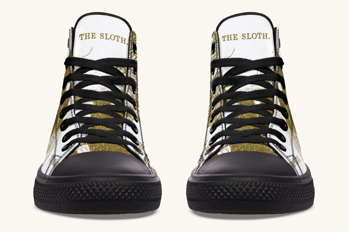 The Sloth Stays Brown White Hightops - Jaded Lament