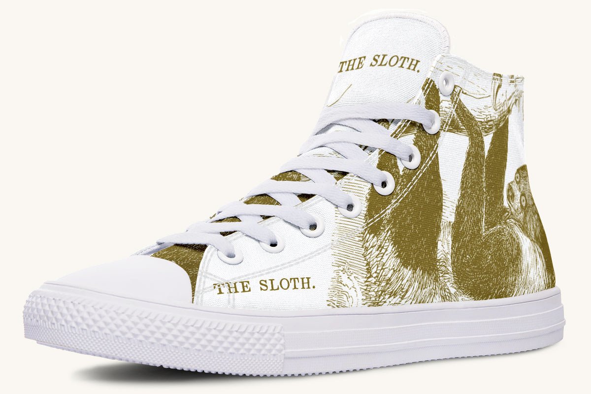 The Sloth Stays Brown White Hightops - Jaded Lament