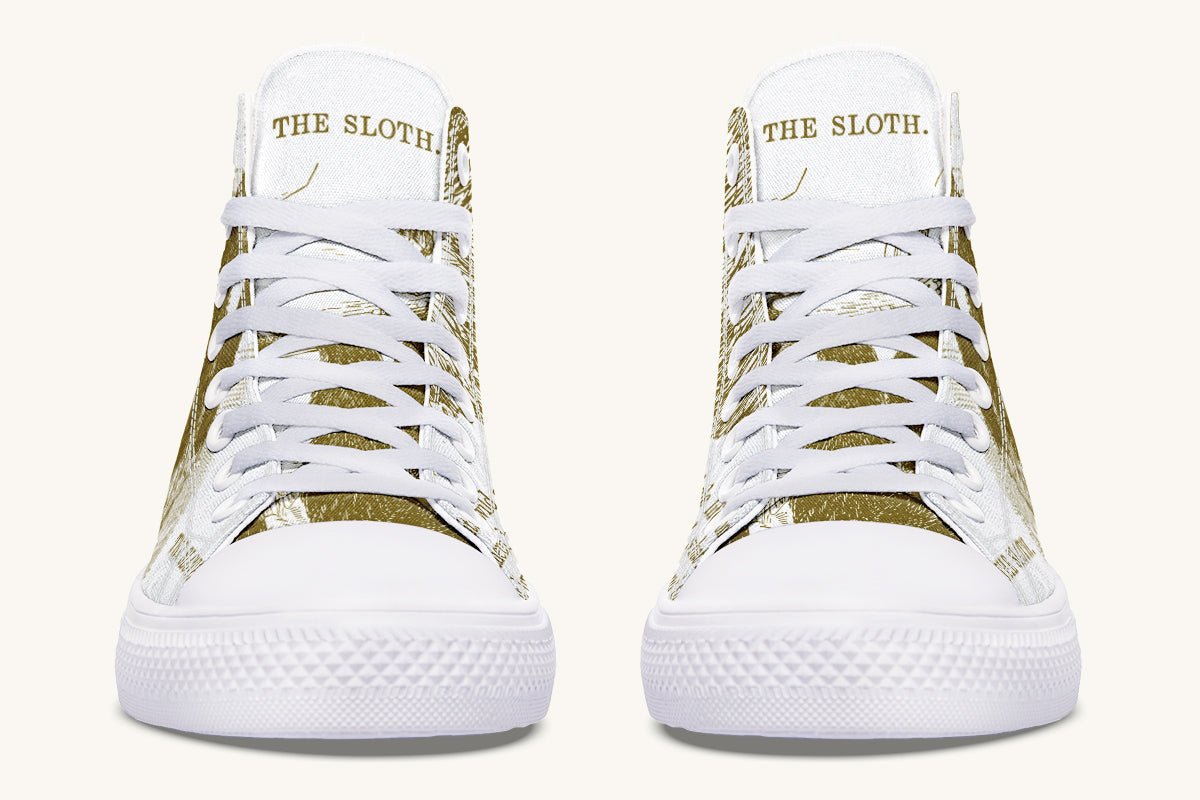The Sloth Stays Brown White Hightops - Jaded Lament