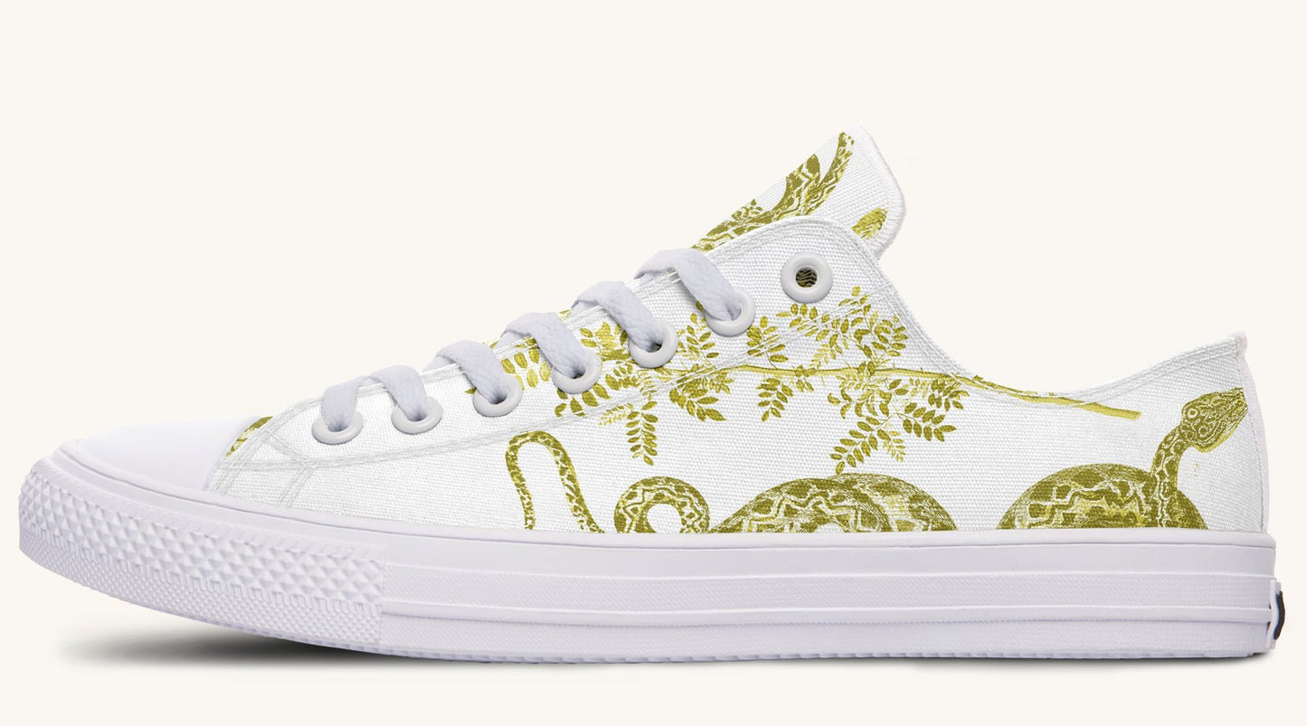 Serpent in Bloom White Yellow Green Lowtops - Jaded Lament
