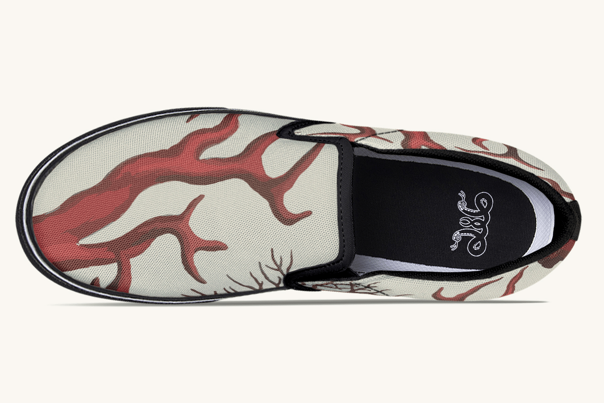A Bloodroot Coral Sea Slip On Shoes - Jaded Lament