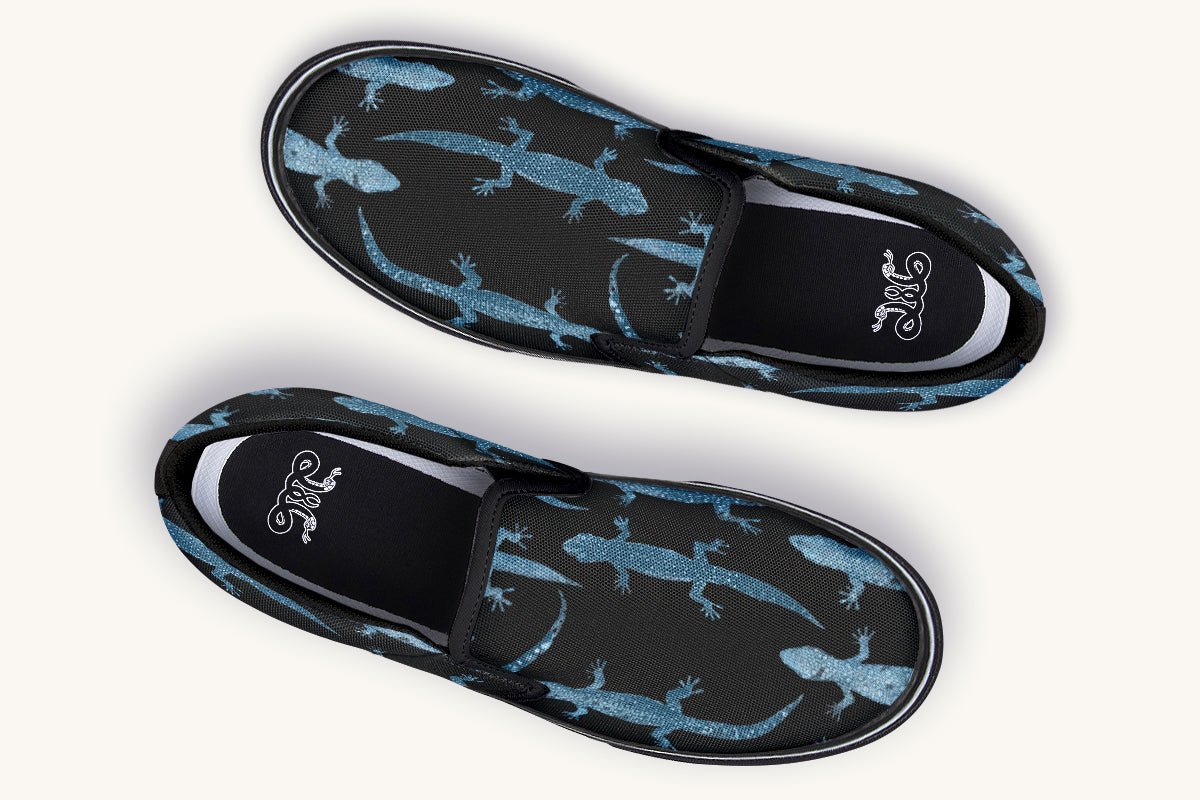 March of the Lizards Blue Black Slip On Shoes - Jaded Lament