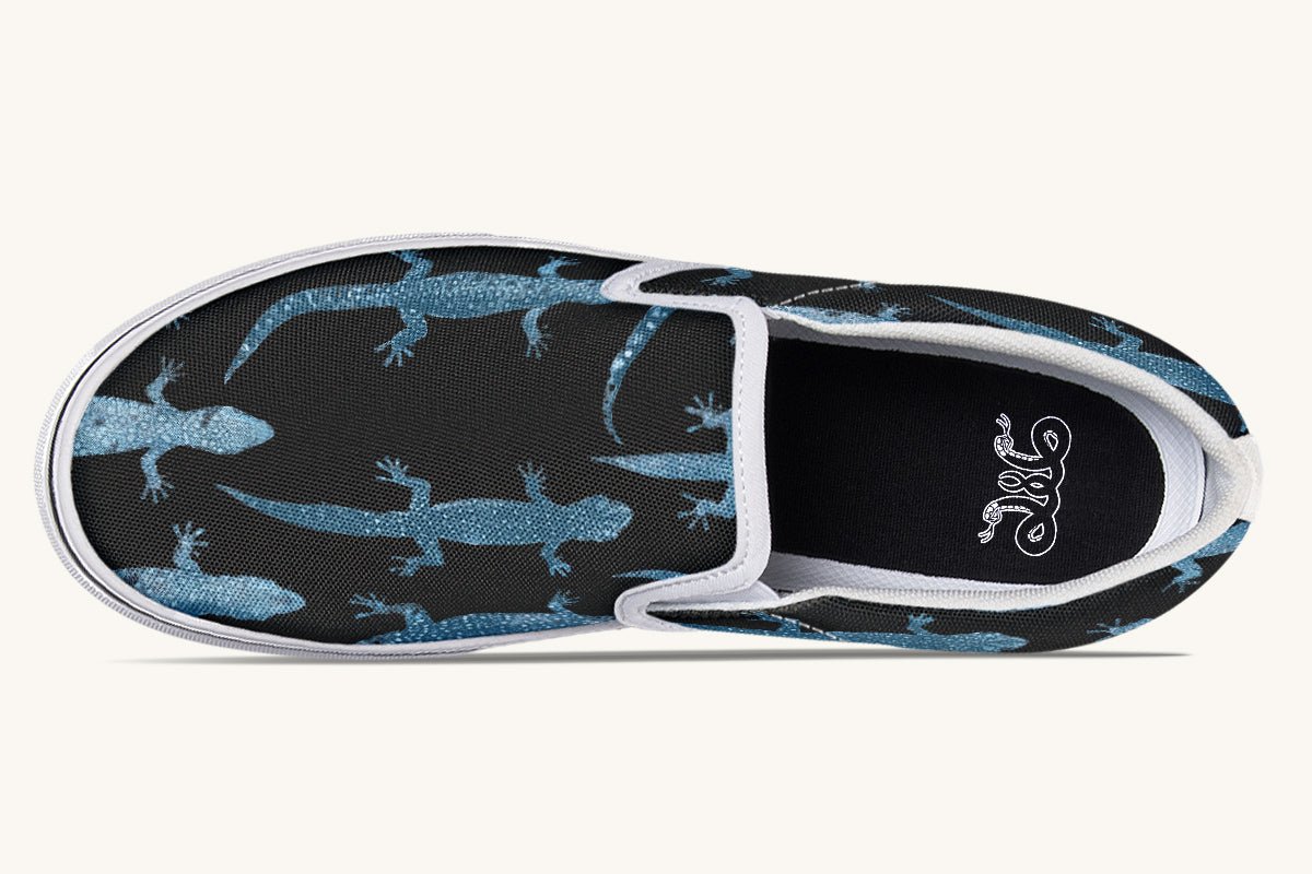 March of the Lizards Blue Black Slip On Shoes - Jaded Lament