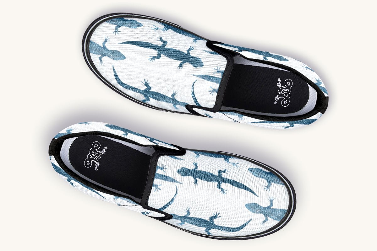 March of the Lizards Blue White Slip On Shoes - Jaded Lament