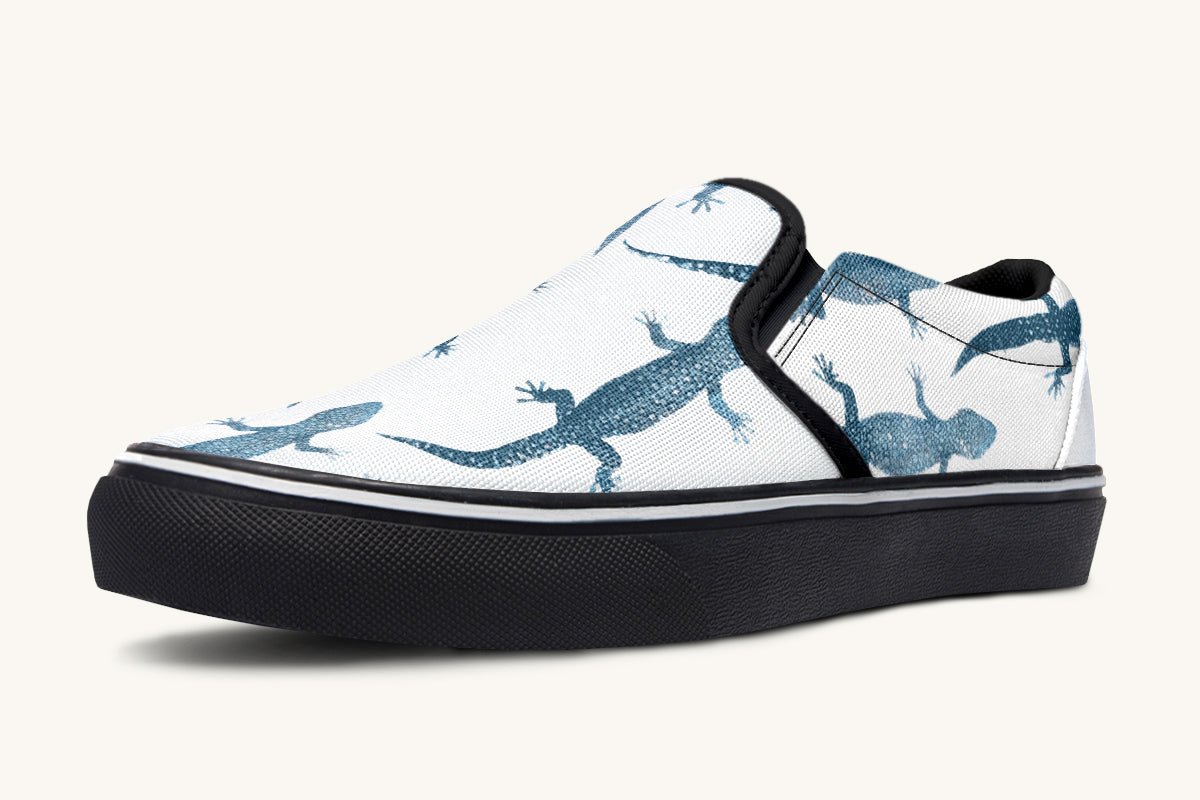 March of the Lizards Blue White Slip On Shoes - Jaded Lament