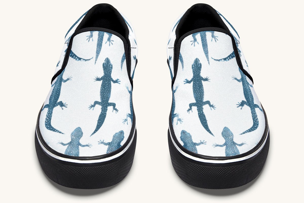 March of the Lizards Blue White Slip On Shoes - Jaded Lament