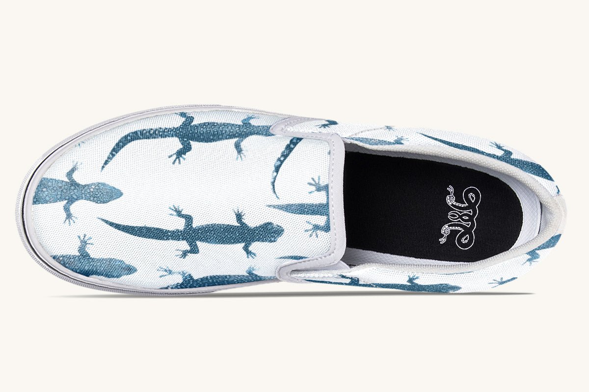 March of the Lizards Blue White Slip On Shoes - Jaded Lament