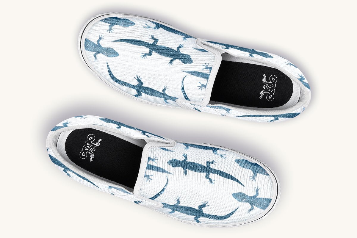 March of the Lizards Blue White Slip On Shoes - Jaded Lament