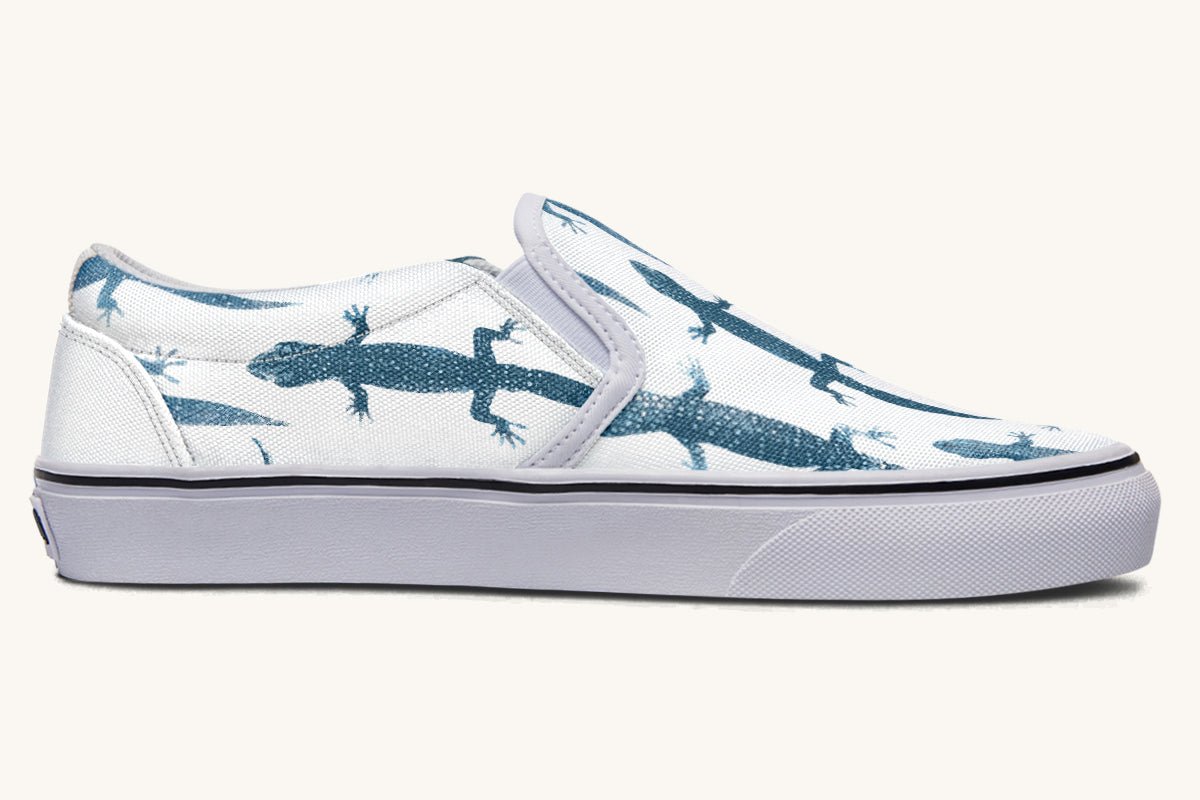 March of the Lizards Blue White Slip On Shoes - Jaded Lament