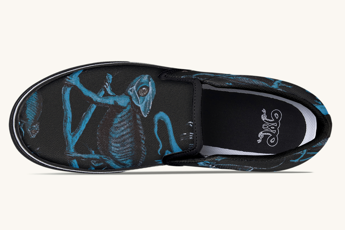 Reptilian In Bloom Black and Blue Slip On Shoes - Jaded Lament