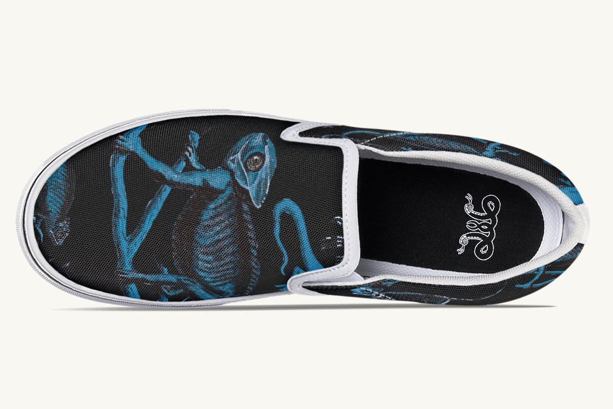 Reptilian In Bloom Black and Blue Slip On Shoes - Jaded Lament