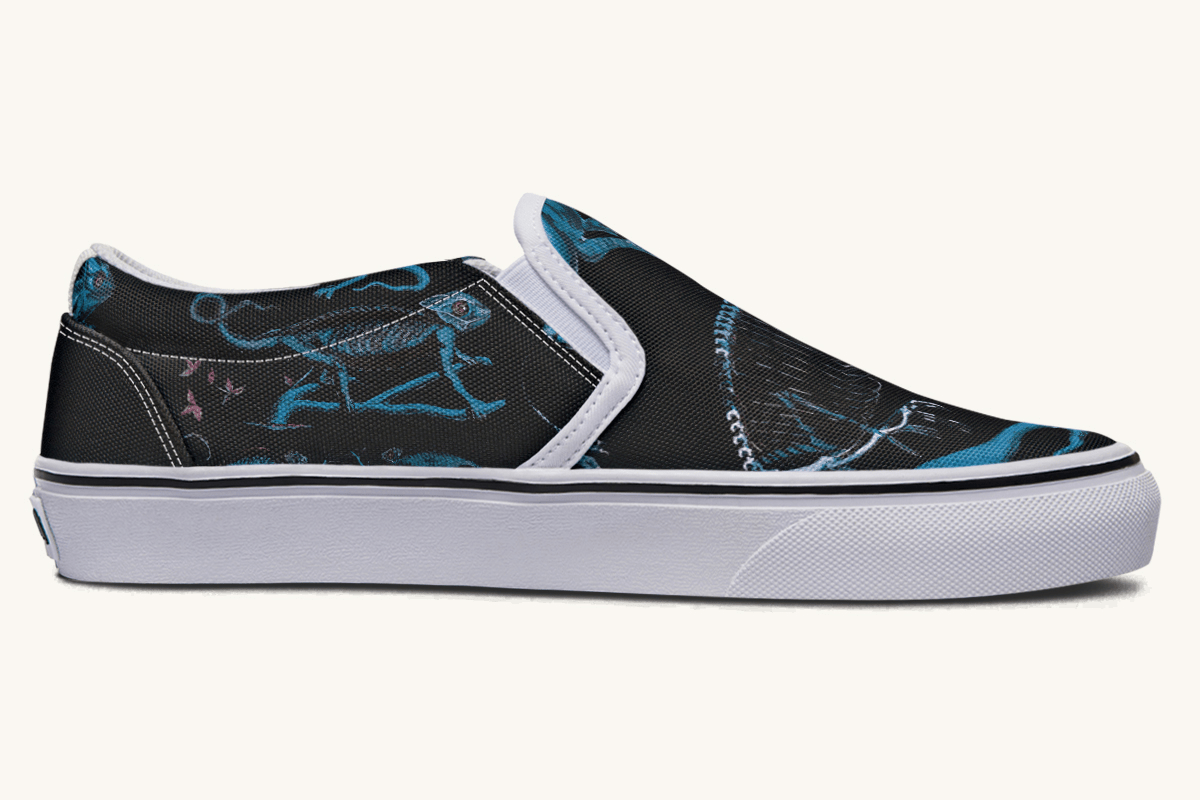 Reptilian In Bloom Black and Blue Slip On Shoes - Jaded Lament