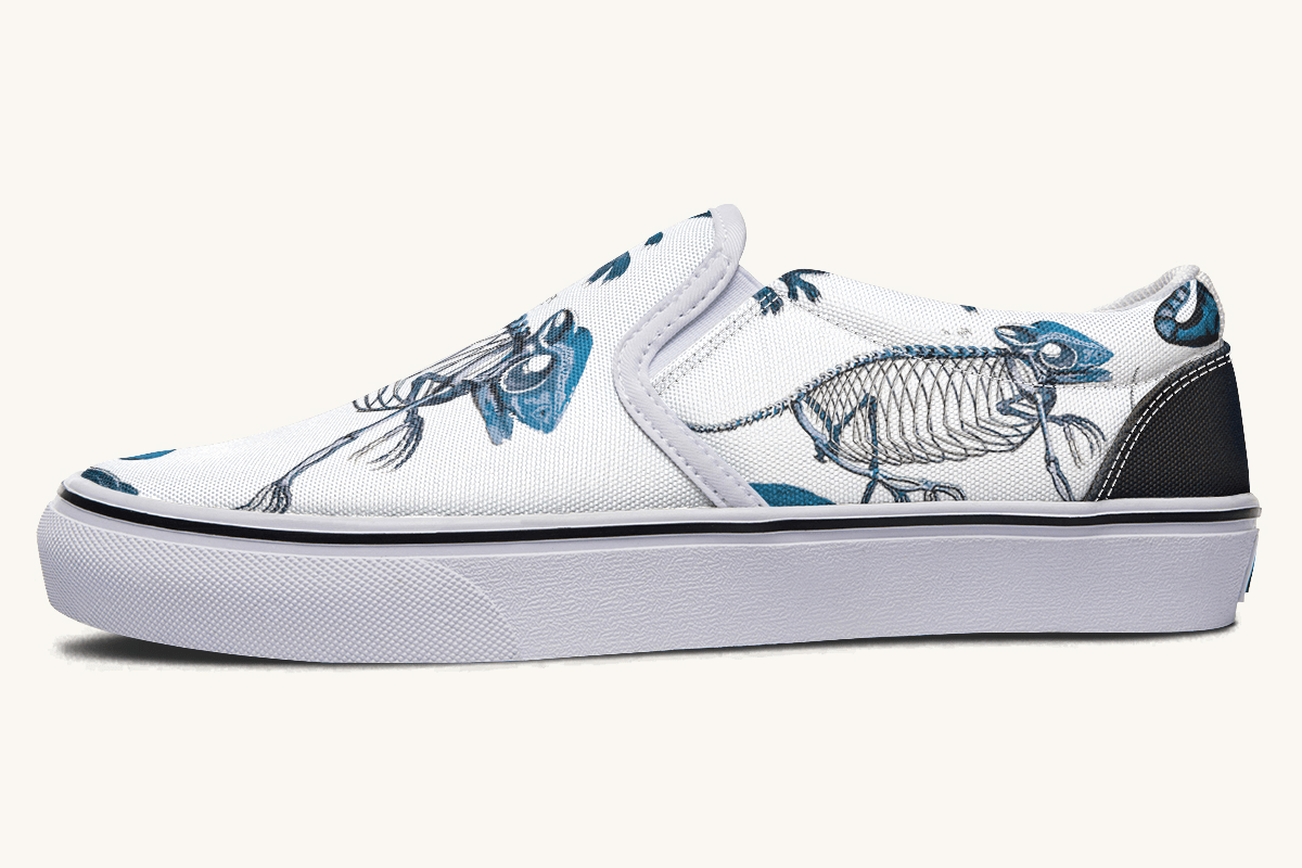Reptilian In Bloom Blue on White Slip On Shoes - Jaded Lament