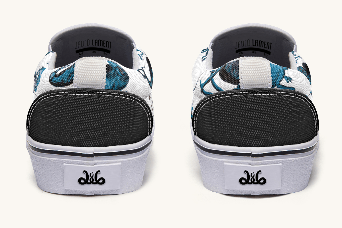 Reptilian In Bloom Blue on White Slip On Shoes - Jaded Lament