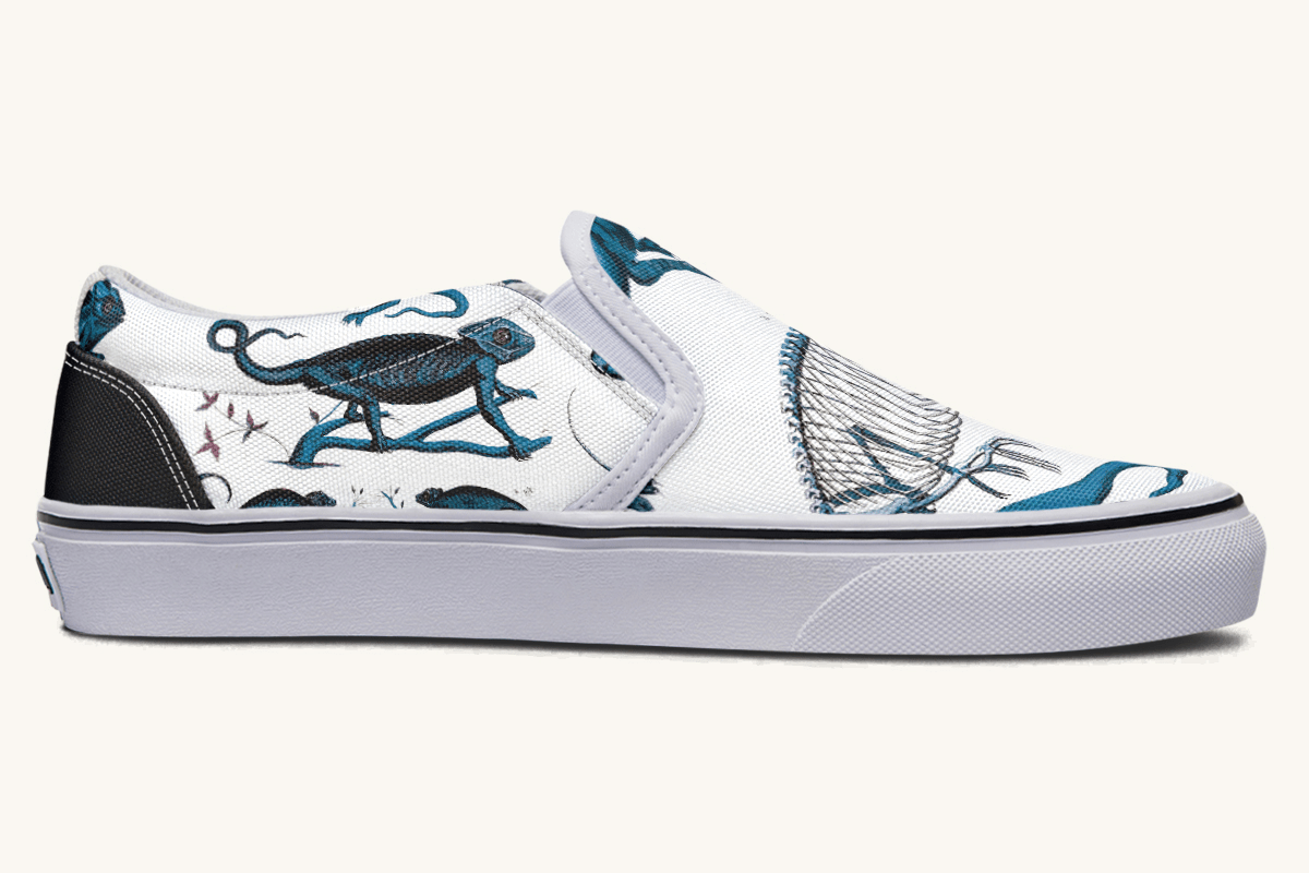 Reptilian In Bloom Blue on White Slip On Shoes - Jaded Lament