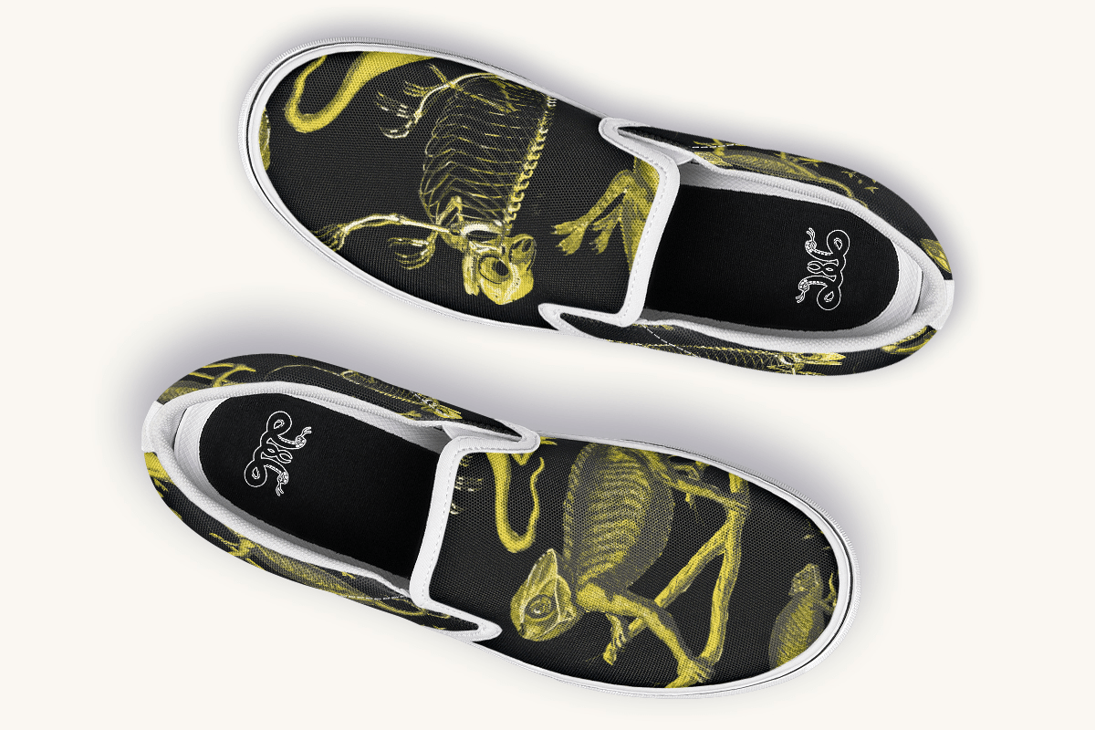 Reptilian In Bloom Reptilian in Bloom Black and Gold Slip On Shoes - Jaded Lament