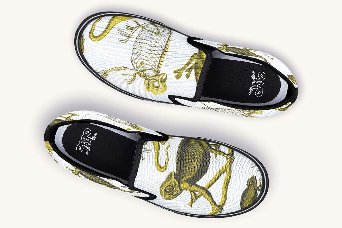 Reptilian In Bloom White and Gold Slip On Shoes - Jaded Lament