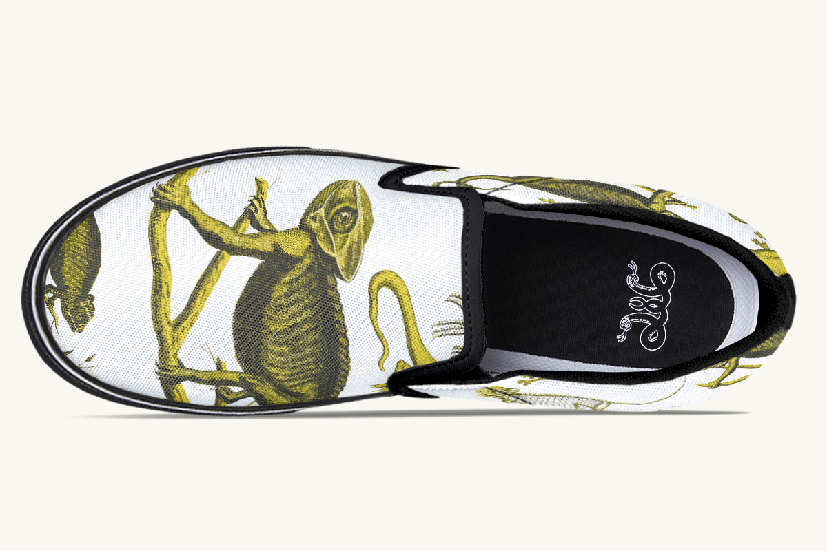 Reptilian In Bloom White and Gold Slip On Shoes - Jaded Lament
