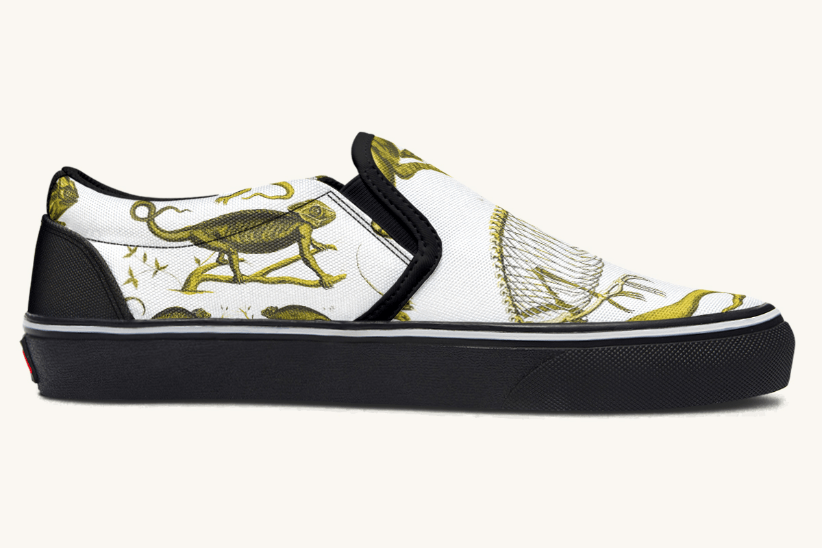 Reptilian In Bloom White and Gold Slip On Shoes - Jaded Lament