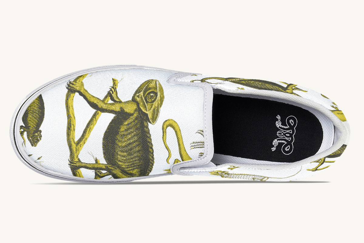 Reptilian In Bloom White and Gold Slip On Shoes - Jaded Lament