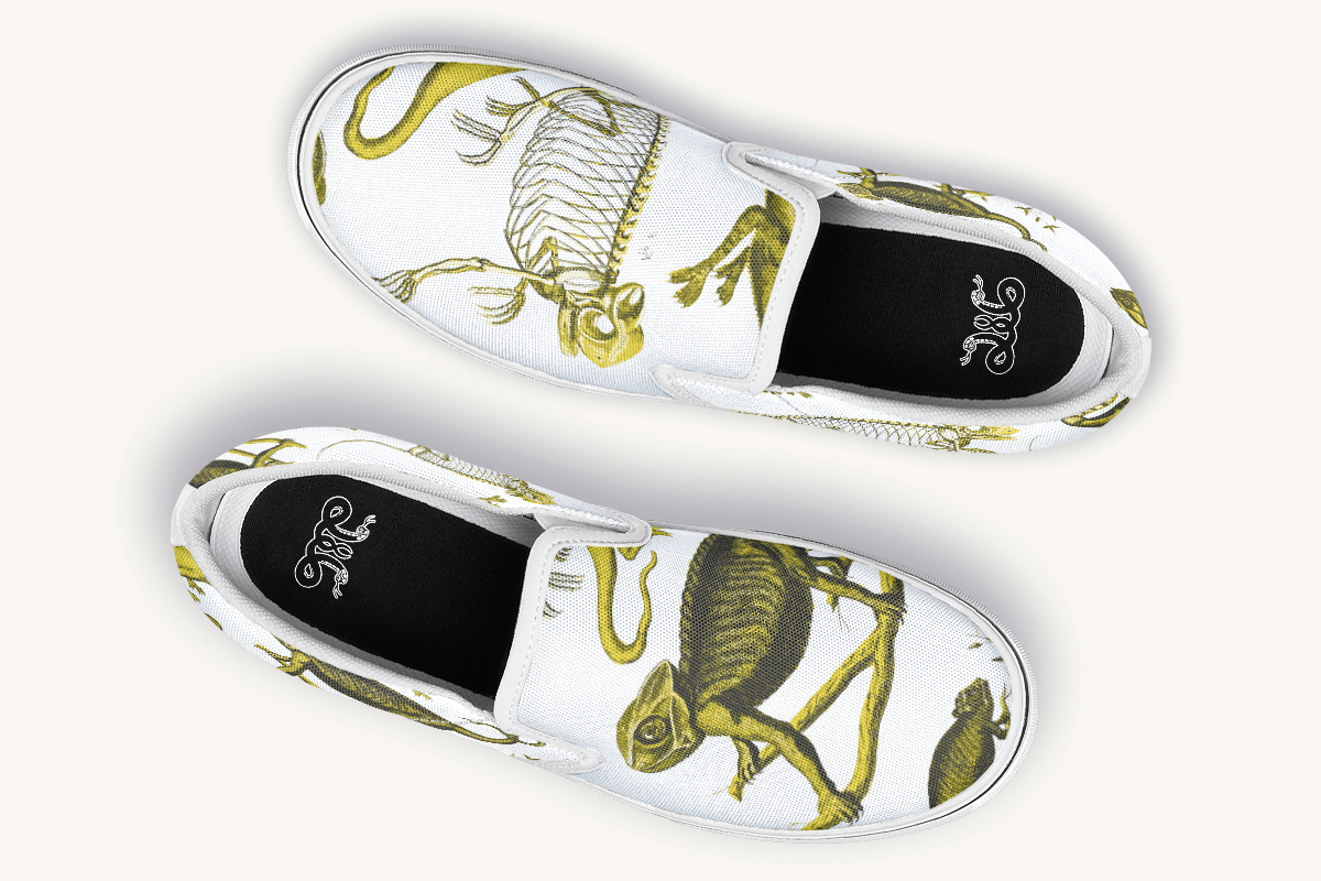 Reptilian In Bloom White and Gold Slip On Shoes - Jaded Lament