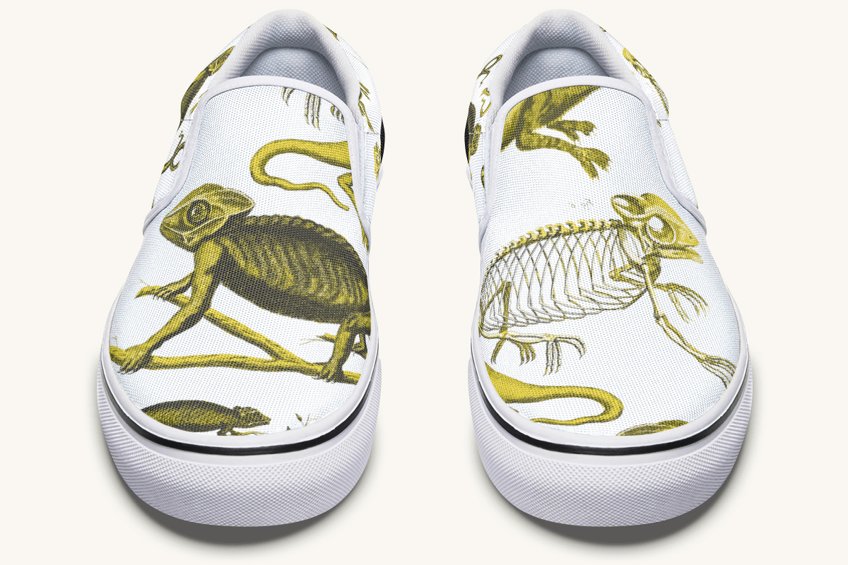 Reptilian In Bloom White and Gold Slip On Shoes - Jaded Lament