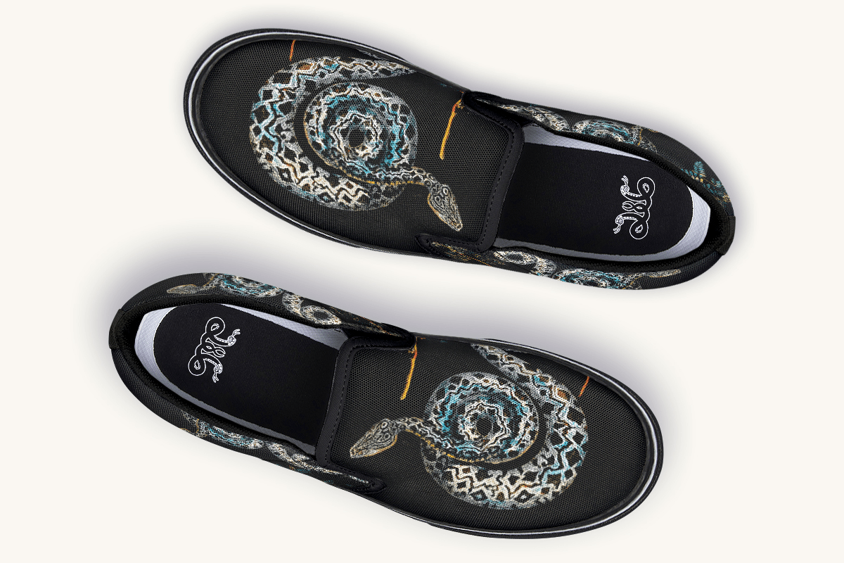 Serpent in Bloom Multicolor Snake on Black Slip On Shoes - Jaded Lament