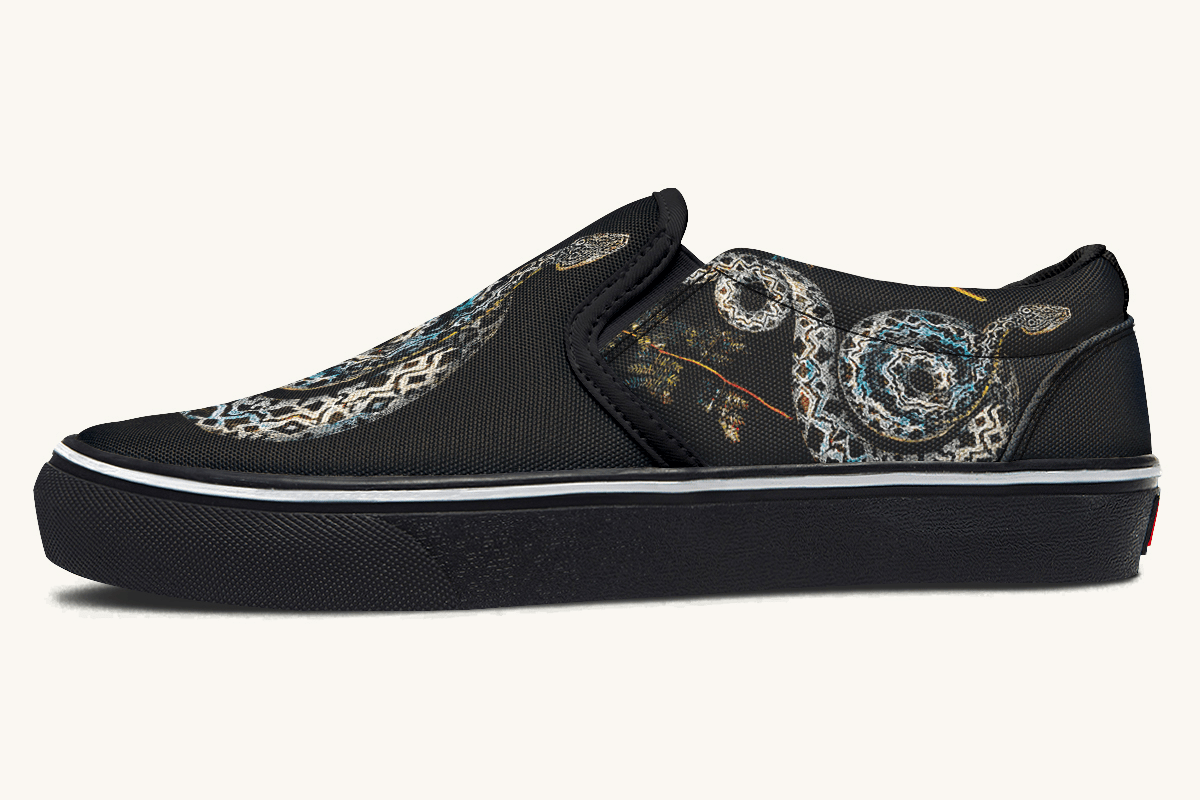 Serpent in Bloom Multicolor Snake on Black Slip On Shoes - Jaded Lament