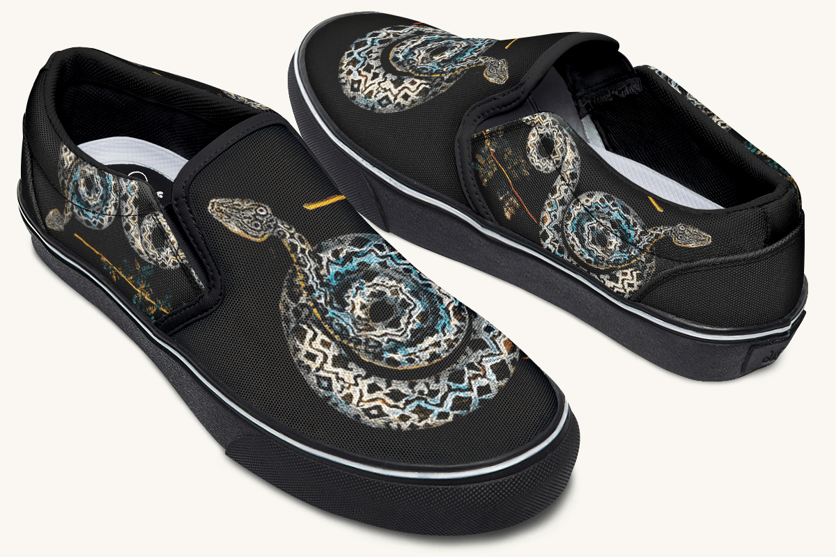 Serpent in Bloom Multicolor Snake on Black Slip On Shoes - Jaded Lament