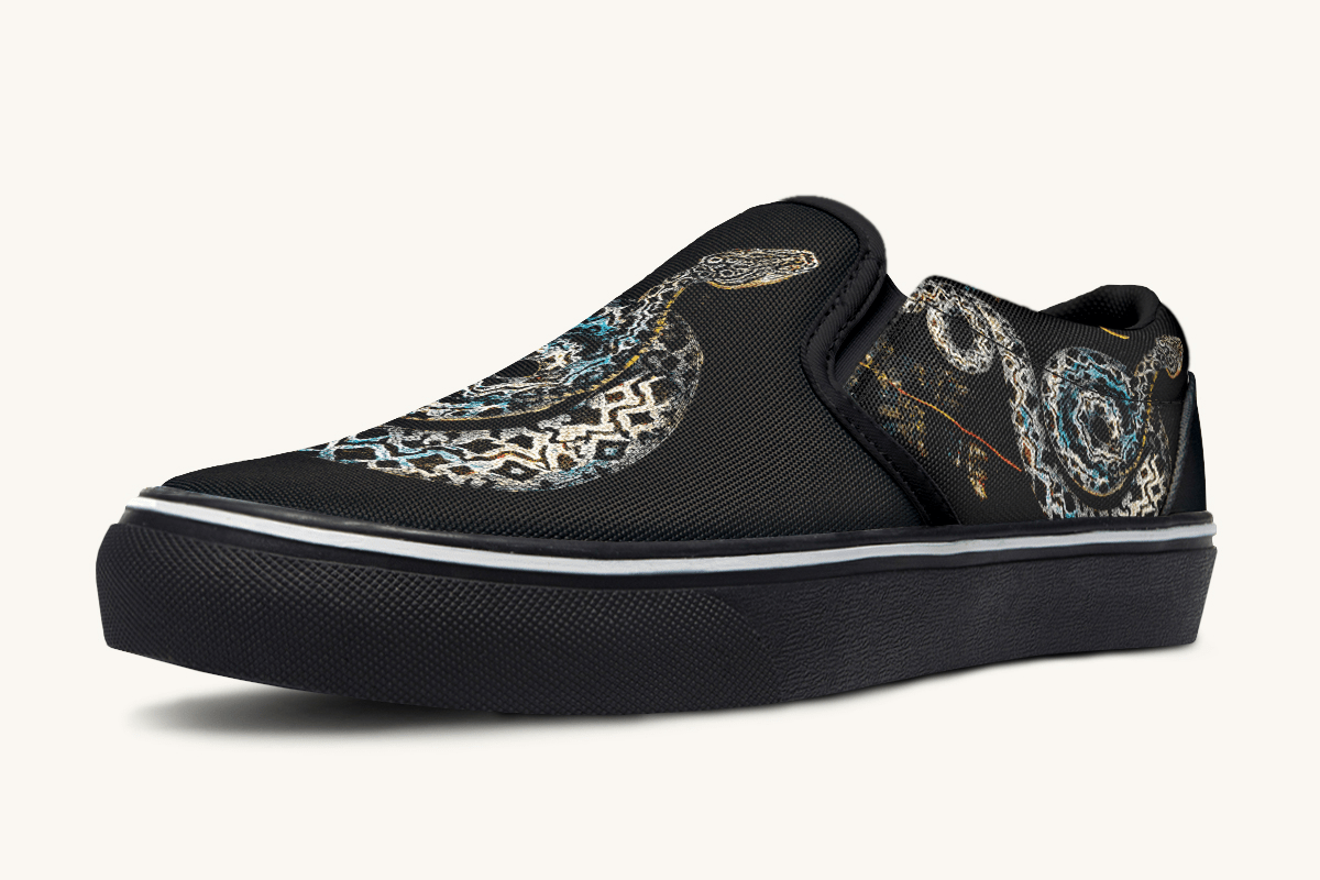 Serpent in Bloom Multicolor Snake on Black Slip On Shoes - Jaded Lament