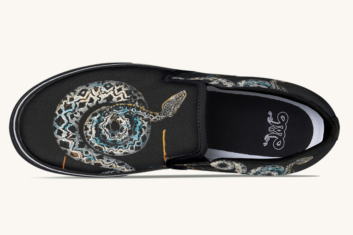 Serpent in Bloom Multicolor Snake on Black Slip On Shoes - Jaded Lament