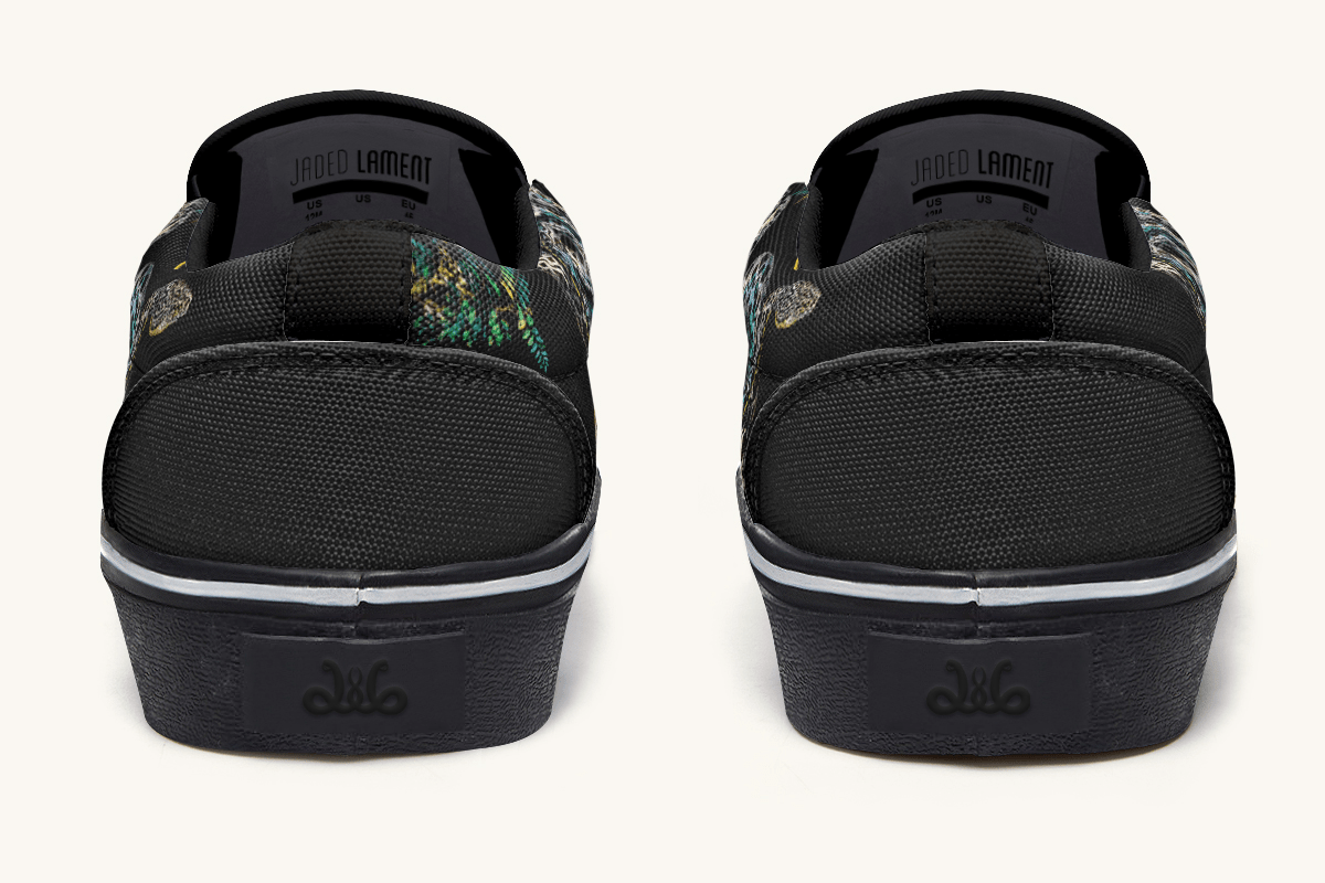 Serpent in Bloom Multicolor Snake on Black Slip On Shoes - Jaded Lament