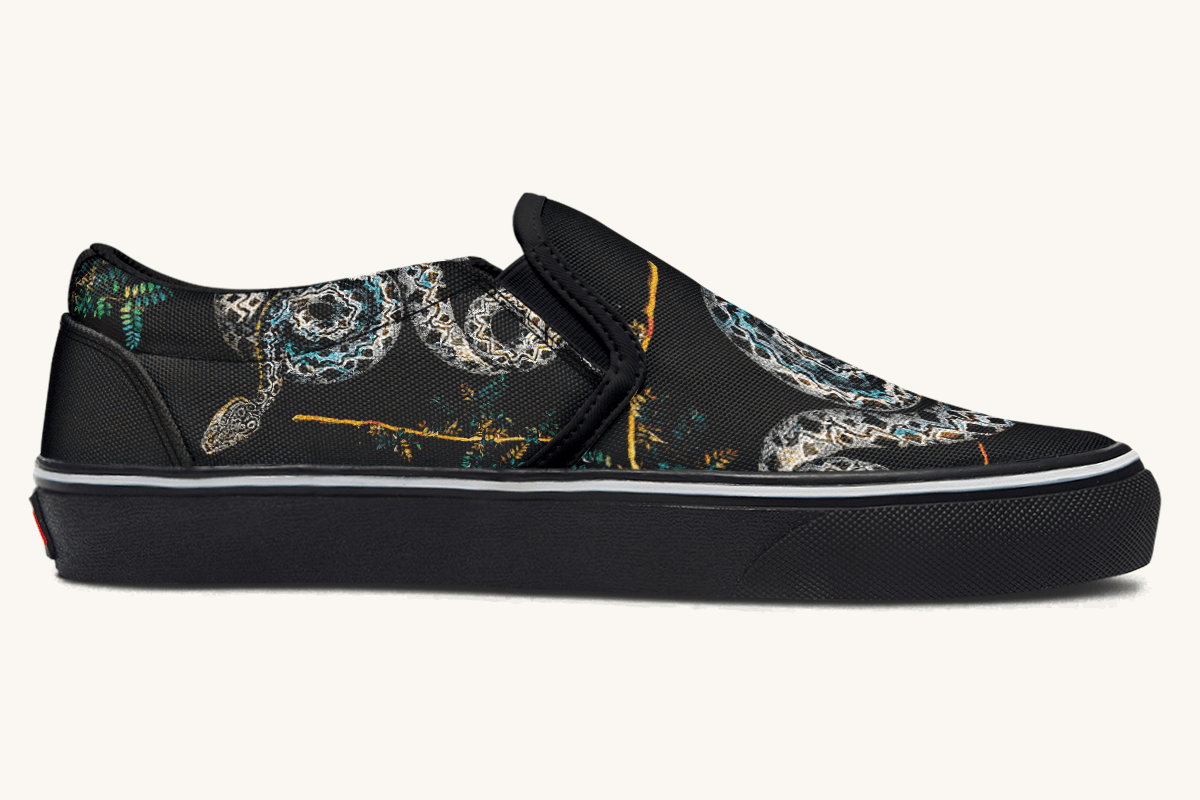 Serpent in Bloom Multicolor Snake on Black Slip On Shoes - Jaded Lament