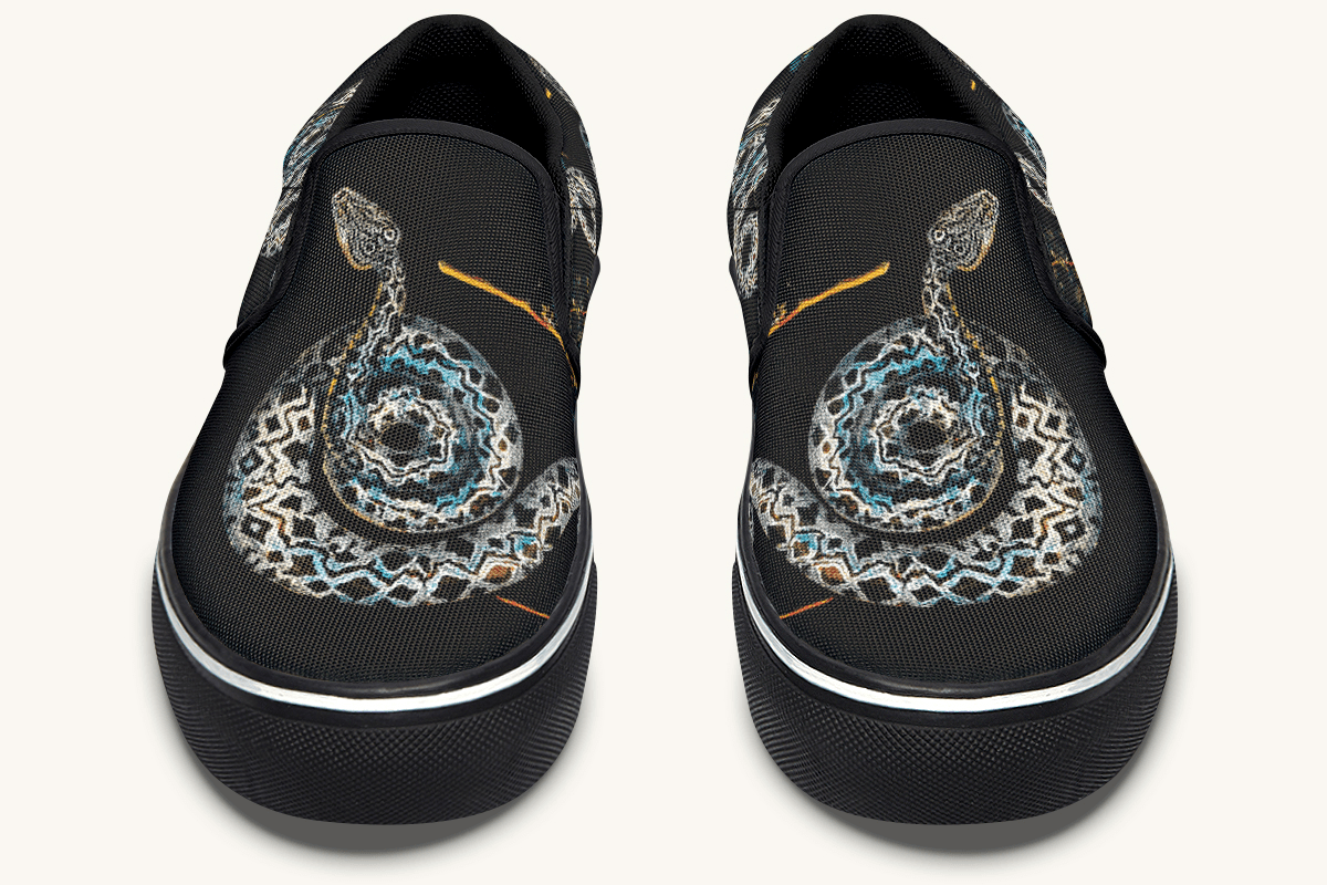 Serpent in Bloom Multicolor Snake on Black Slip On Shoes - Jaded Lament