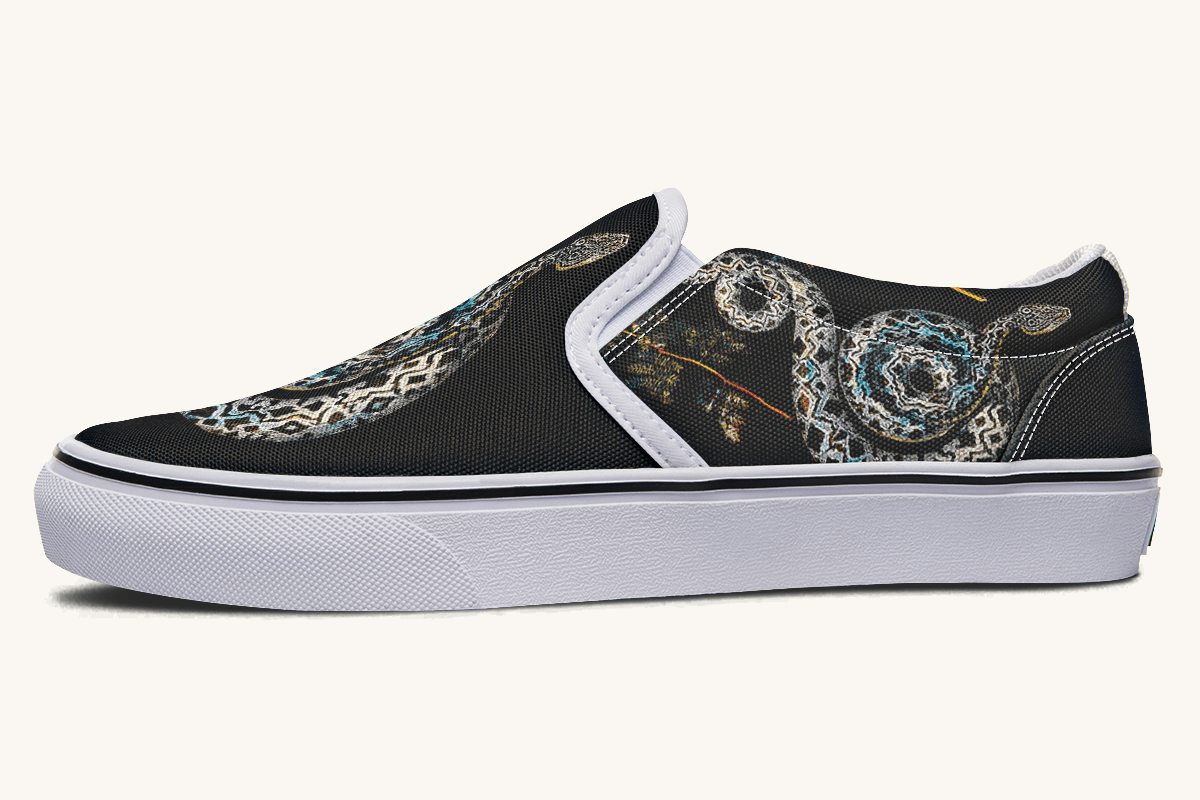 Serpent in Bloom Multicolor Snake on Black Slip On Shoes - Jaded Lament