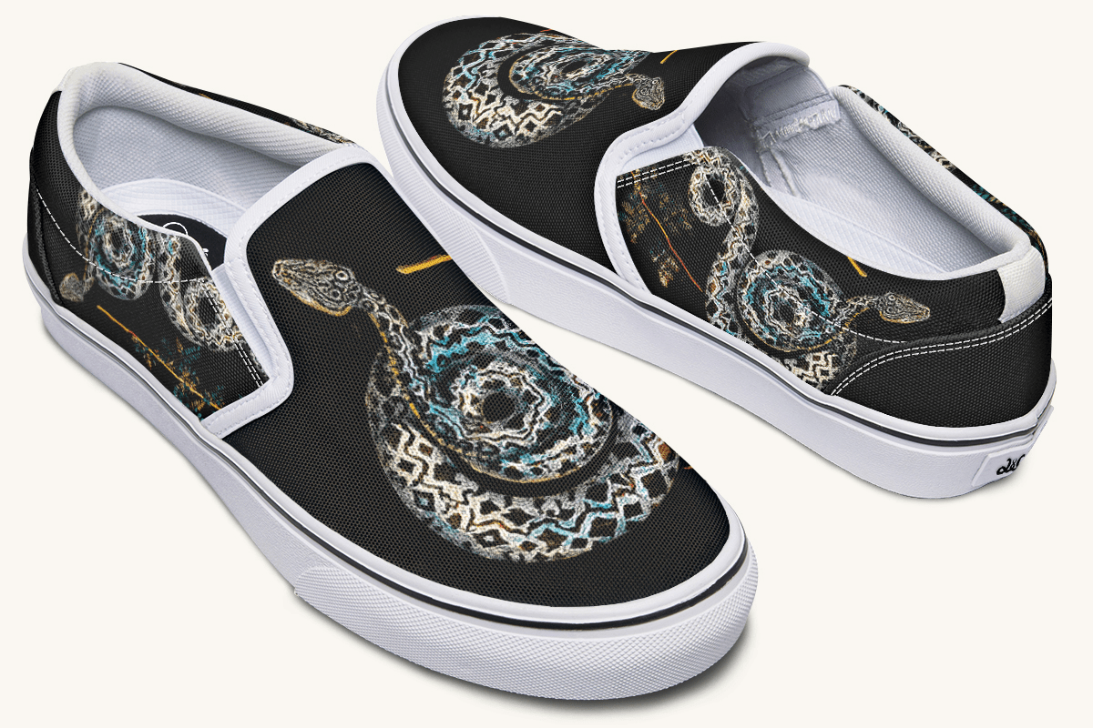 Serpent in Bloom Multicolor Snake on Black Slip On Shoes - Jaded Lament
